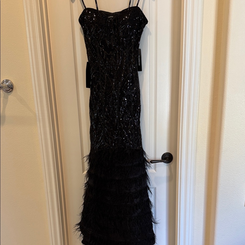 bebe Black Strapless Feathered Gown - Picture 4 of 12